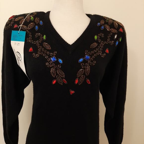 NWT VTG  Long Sleeve Short Sweater Dress Sz Small Black Beaded Rhinestone Detail - Picture 3 of 11